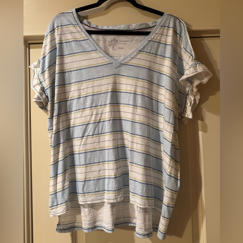 Anthropologie Light Blue and White Striped V-Neck Short Sleeve Tee